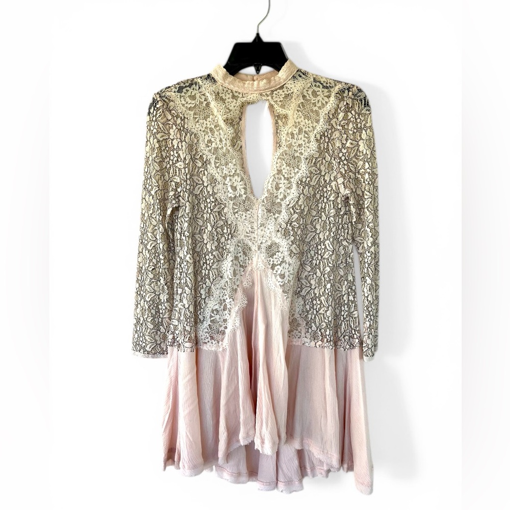 Free People Tell Tale Lace Pieced Mini Dress XS Pink w/White Sheer Lace